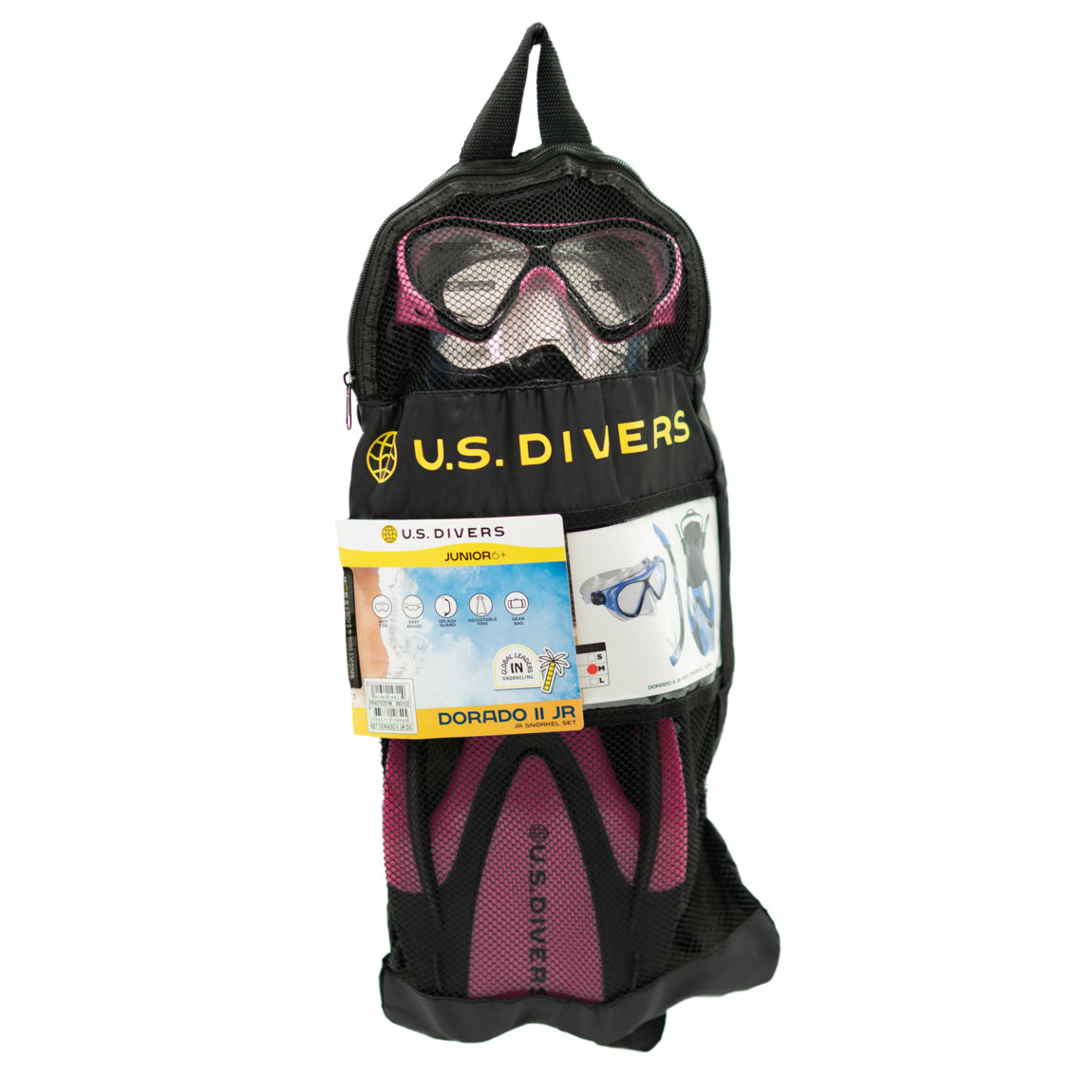 U.S. Divers Dorado II Junior set in pink and black: mask, splash guard snorkel and adjustable fins