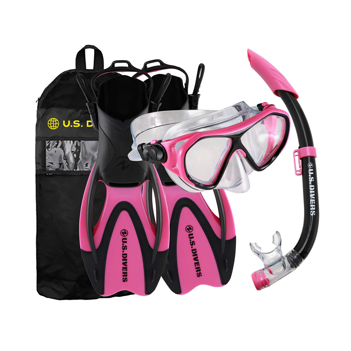 U.S. Divers Dorado II Junior set in pink and black: mask, splash guard snorkel and adjustable fins