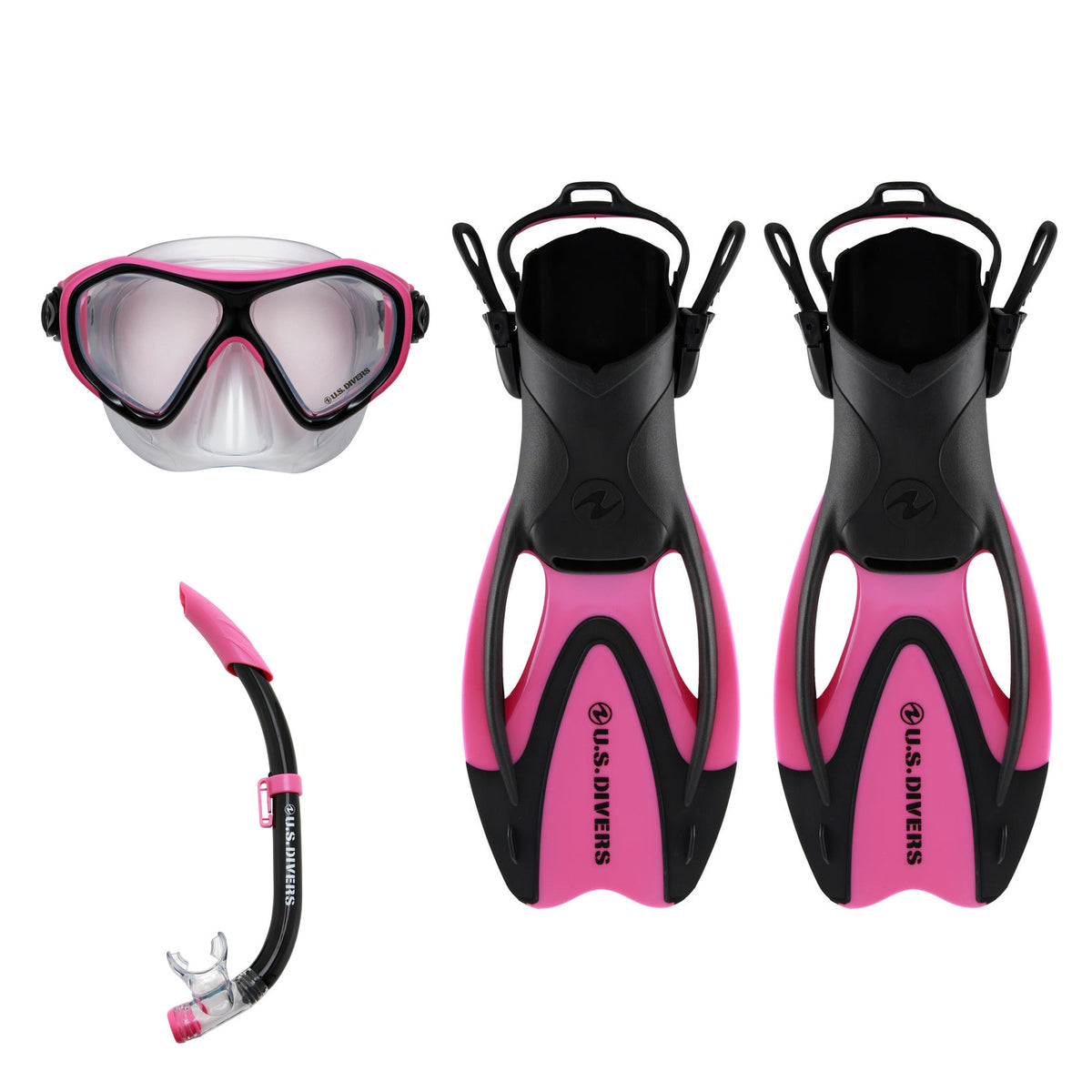 U.S. Divers Dorado II Junior mask, Seabreeze junior snorkel and Proflex FX Jr fins, all in black and pink