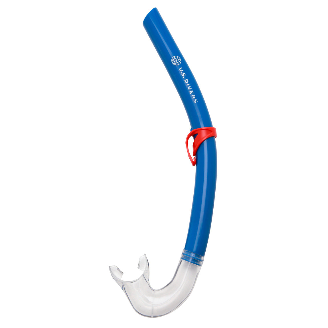 U.S. Divers Tiki Junior mask in blue with a red and white frame, with the blue Giraffe snorkel