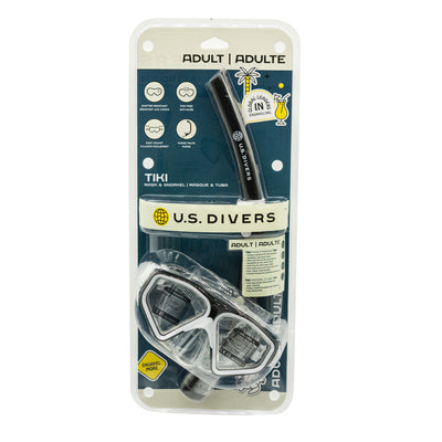 Black and white Tiki adult mask and snorkel combo in retail packaging