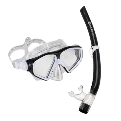 U.S. Divers Tiki adult mask in black and white with a black snorkel