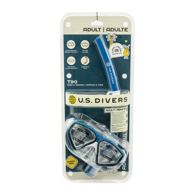 Blue Tiki adult mask and snorkel combo in retail packaging