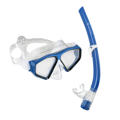 U.S. Divers Tiki adult mask in blue with a clear skirt, paired with a blue snorkel