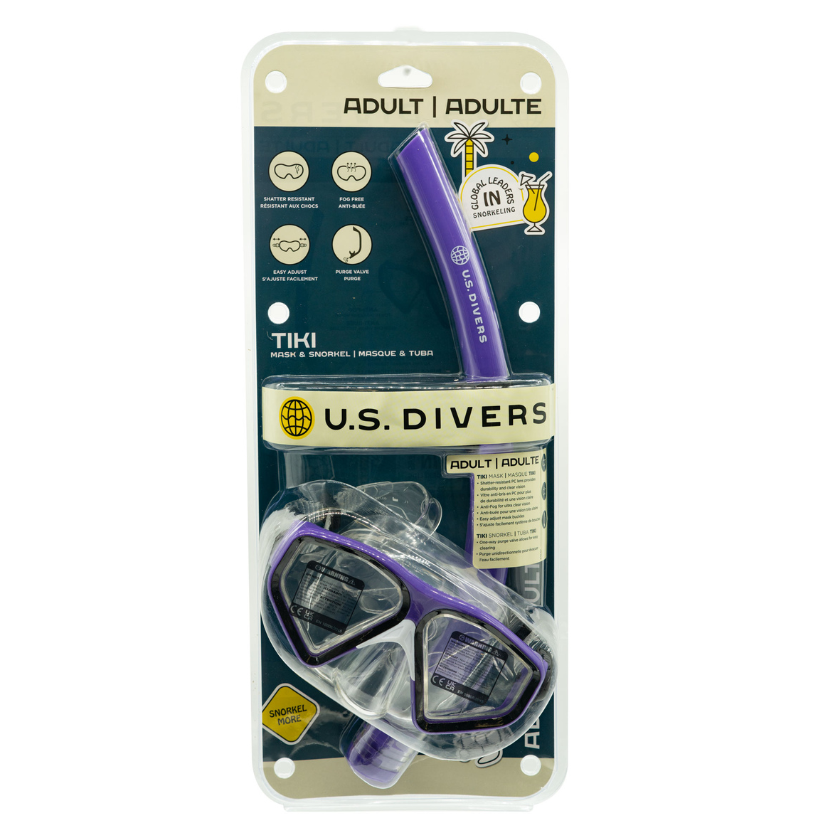 Purple Tiki adult mask and snorkel combo in retail packaging