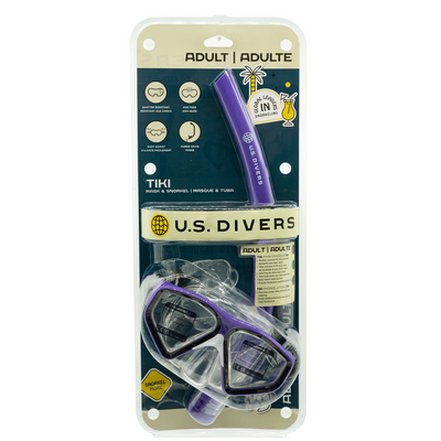 Purple Tiki adult mask and snorkel combo in retail packaging