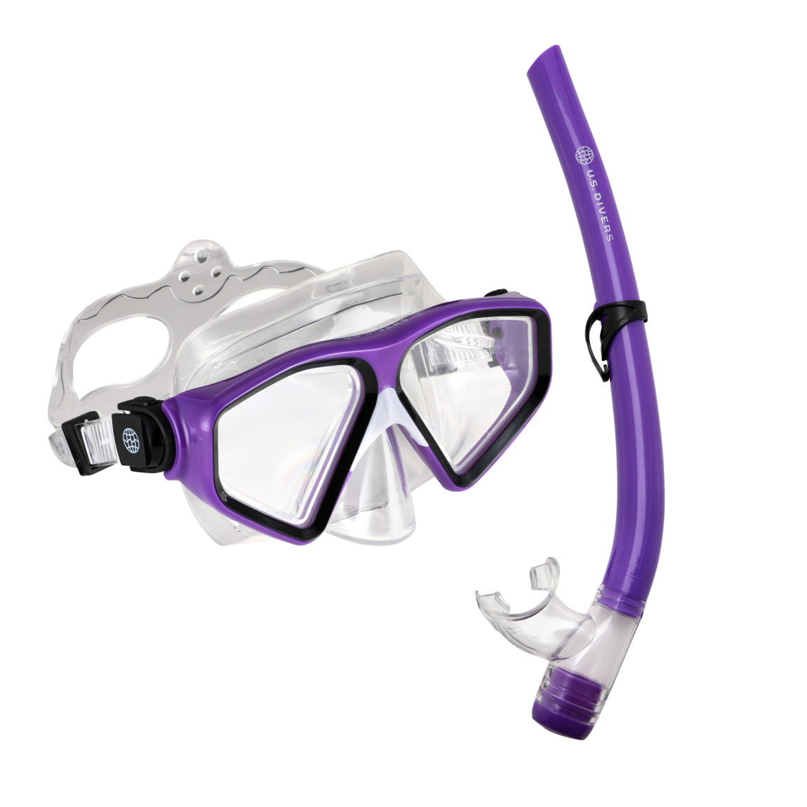 U.S. Divers Tiki adult mask in purple and black with a matching purple snorkel