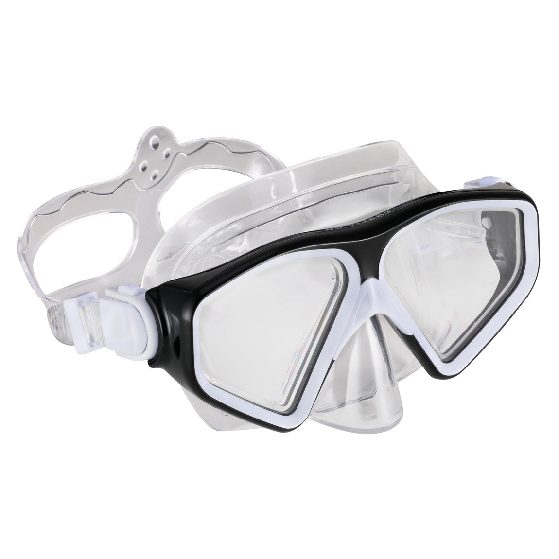 Side view of the black and white Tiki mask with a clear strap
