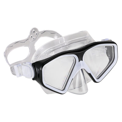 Side view of the black and white Tiki mask with a clear strap