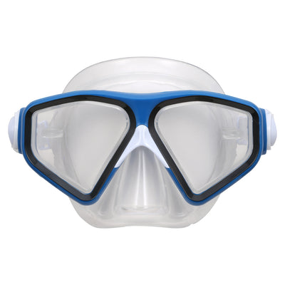 Front of the blue Tiki mask showing the two polycarbonate lenses