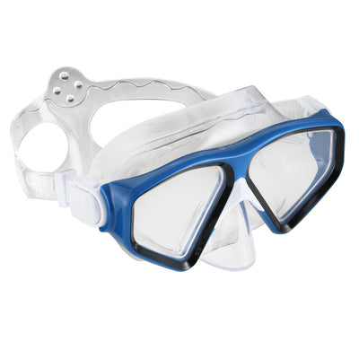 Side view of the blue Tiki two window mask and clear strap