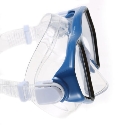 Close-up of the easy adjust buckle on the blue Tiki mask