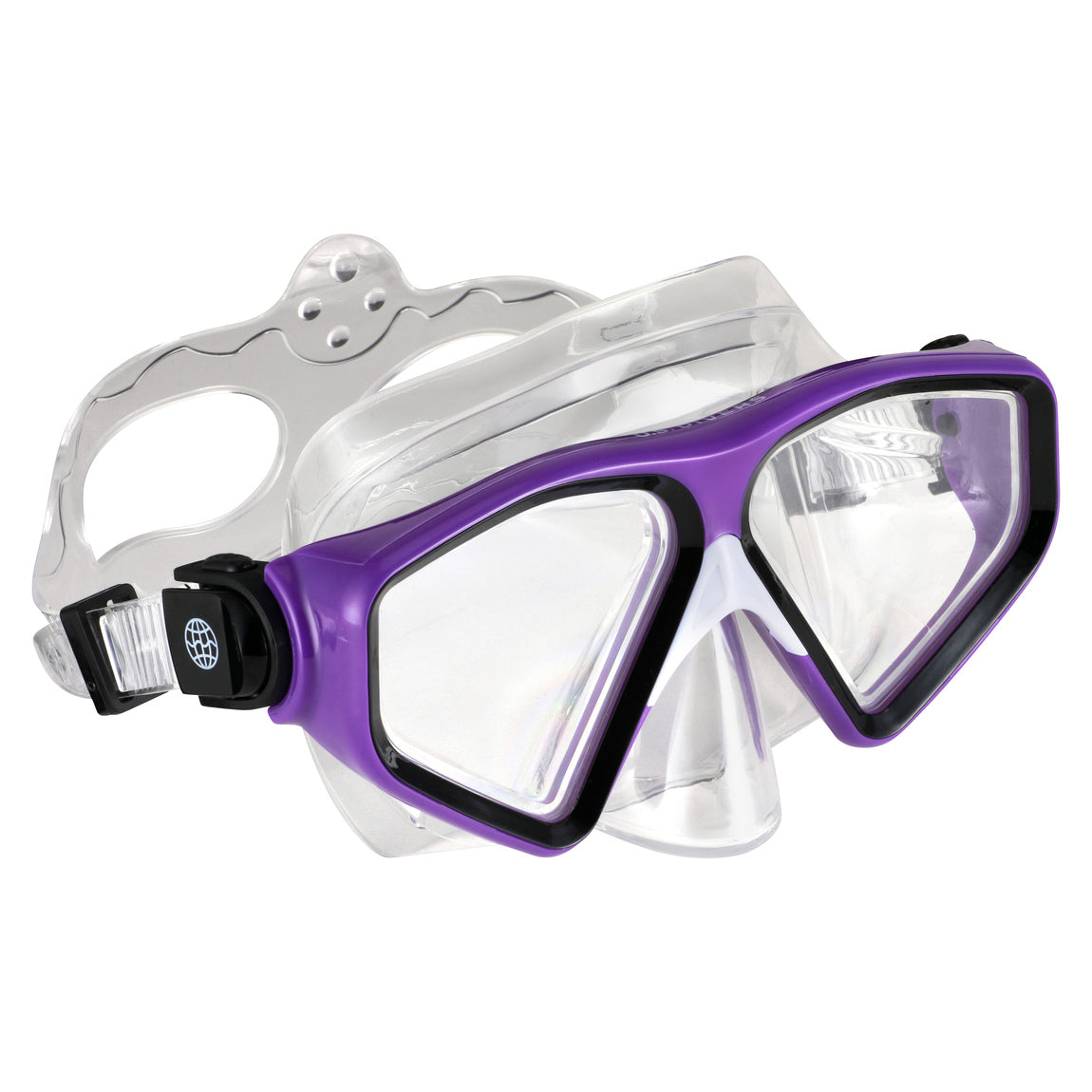 Side view of the purple Tiki two window mask with a clear skirt