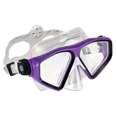 Side view of the purple Tiki two window mask with a clear skirt