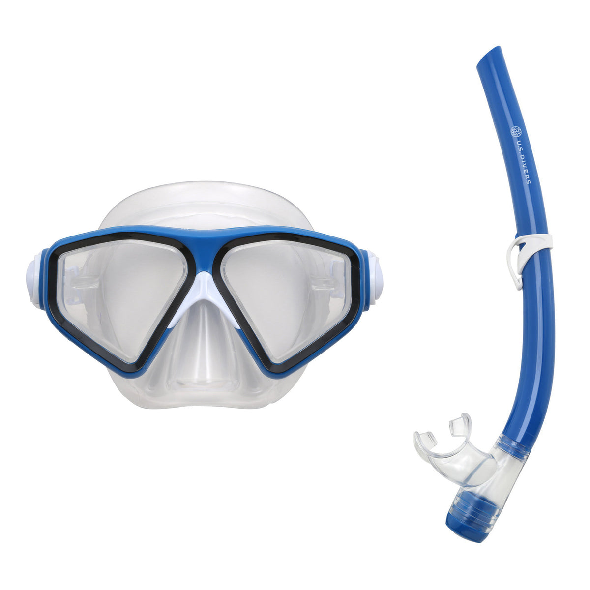 U.S. Divers Tiki mask in blue on a clear skirt and open barrel J snorkel in blue