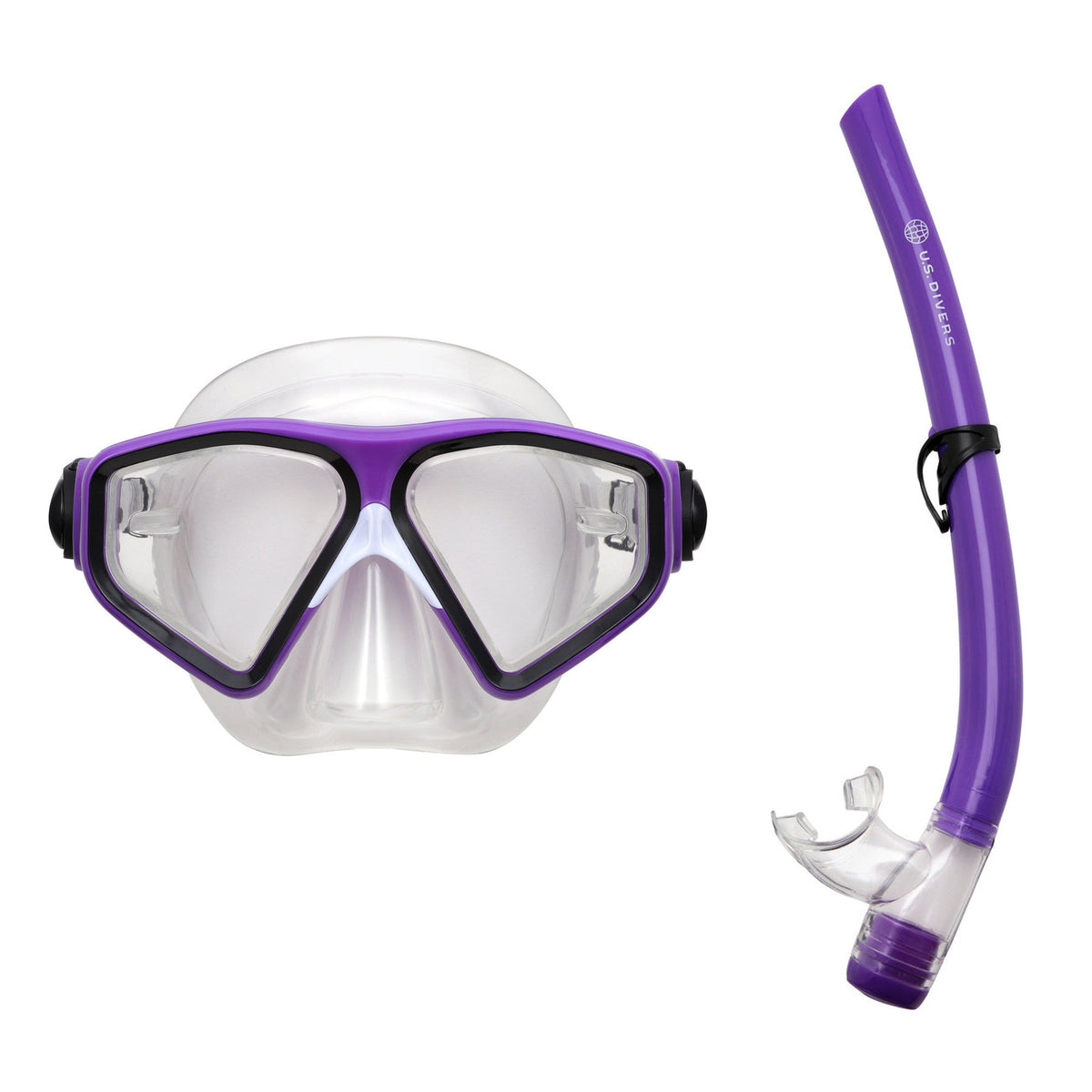 U.S. Divers Tiki mask in purple and black on a clear skirt and open barrel J snorkel in purple