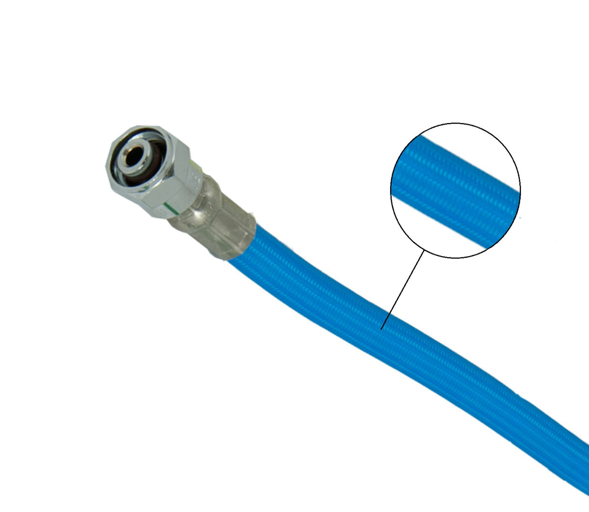 Blue Tecline Proflex LP hose with a close-up inset of the nylon braid