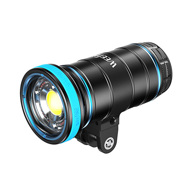 WeeFine Smart Focus 10000 video light, front three-quarter view with the blue bezel