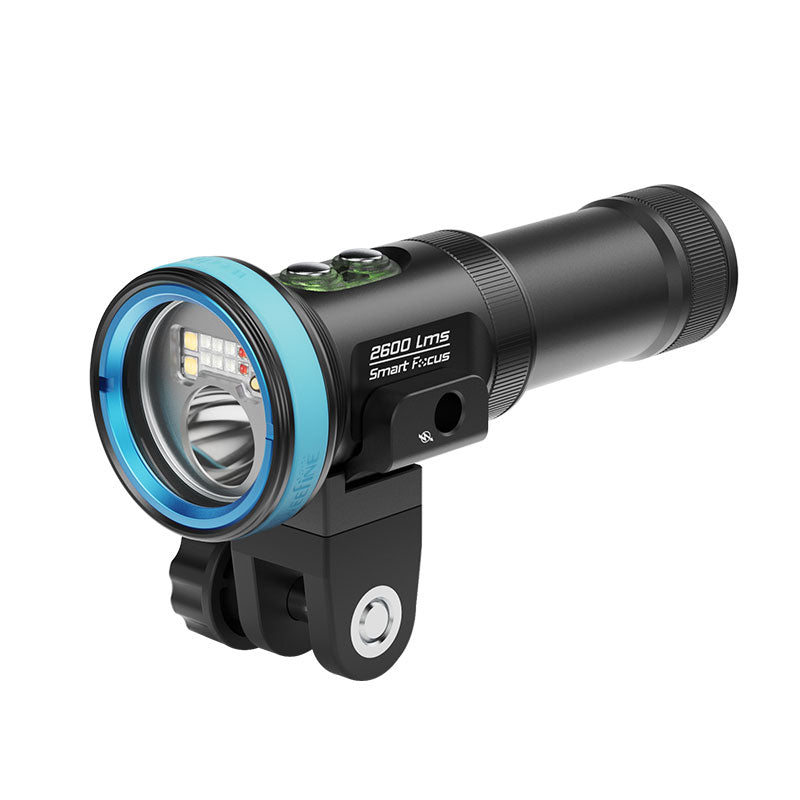 WeeFine Smart Focus 2600 video light on its YS mount, three-quarter view