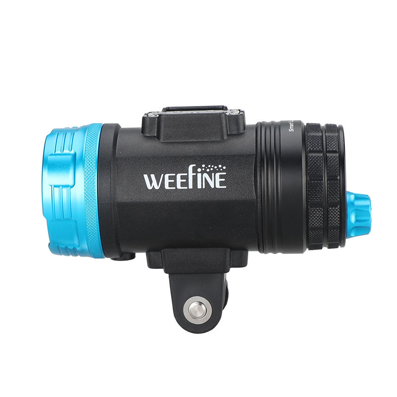 WeeFine Smart Focus 5000 v2 video light, front view with the blue head and COB LED