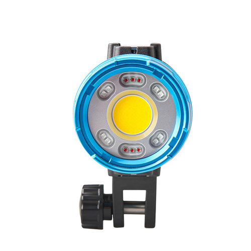 WeeFine Smart Focus 7000 video light, three-quarter front view with the blue head