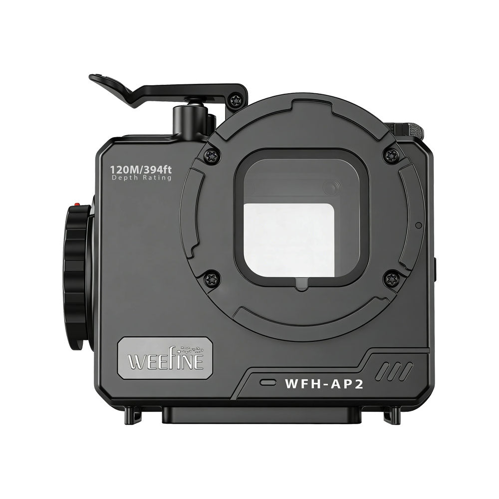 WeeFine WFH-AP2 aluminium housing for the Insta360 Ace Pro, front three-quarter view