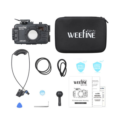 WeeFine WFH-TGS box contents with storage bag, fibre cable and ball head