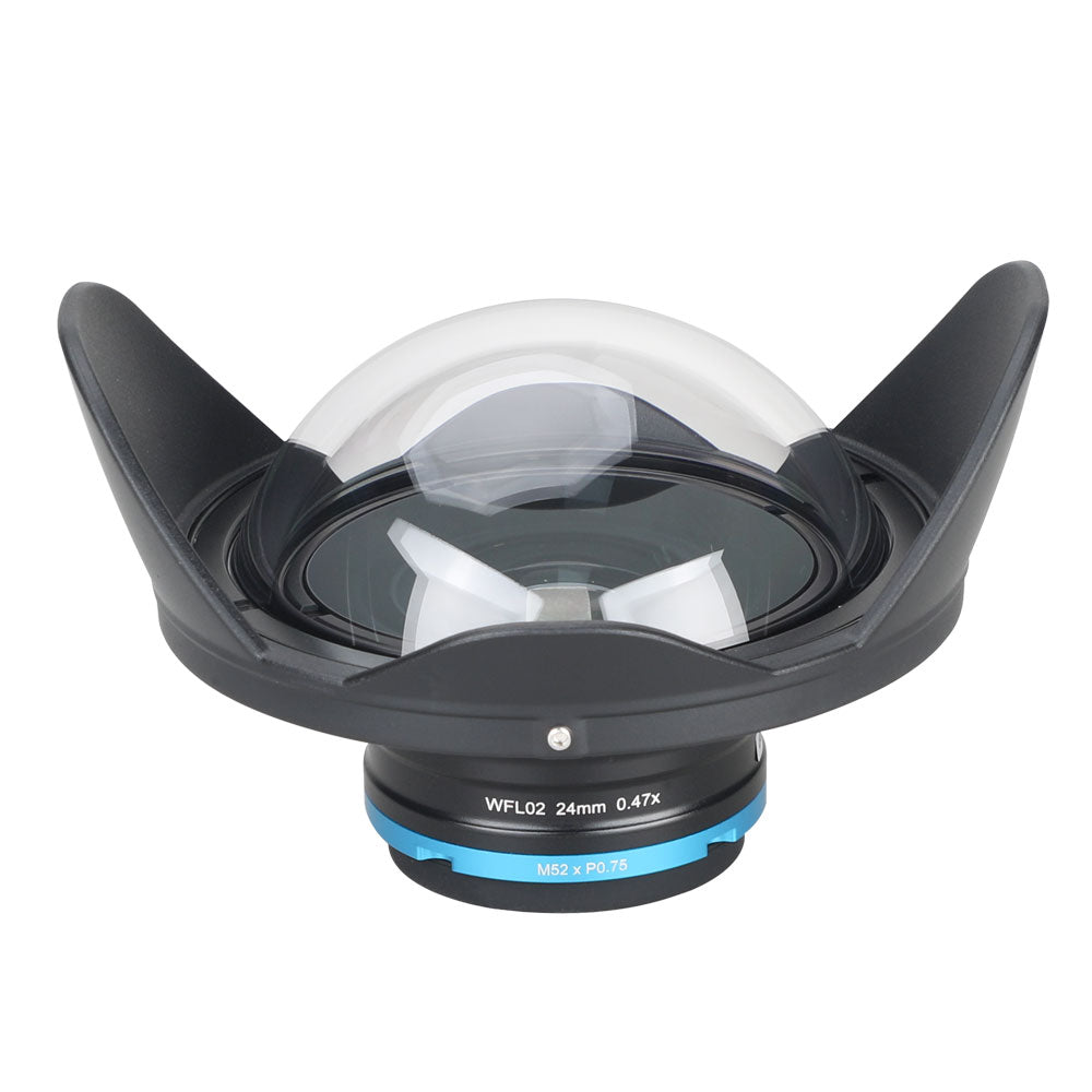 WeeFine WFL02 wide angle wet lens, front three-quarter view with the blue ring
