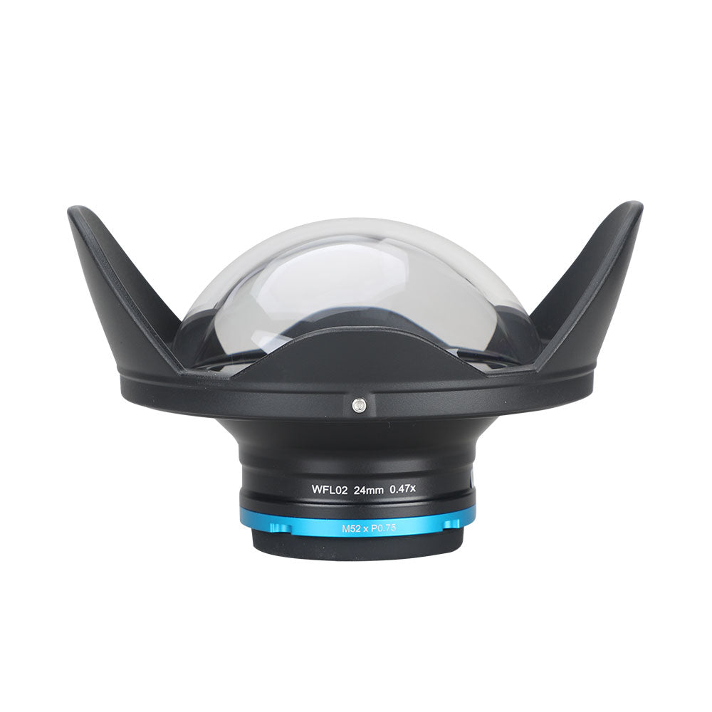 WeeFine WFL02 wide angle wet lens, front three-quarter view with the blue ring