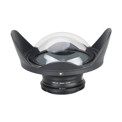 WeeFine WFL02X wide angle wet lens, front three-quarter view of the dome