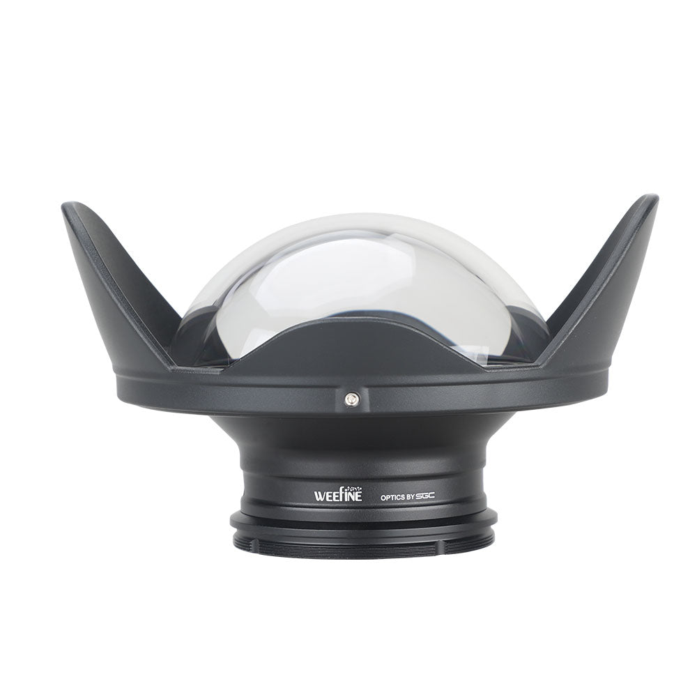 WeeFine WFL02X wide angle wet lens, front three-quarter view of the dome