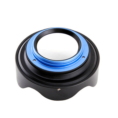 WeeFine WFL12 wet lens from above, showing the dome and the blue mount ring