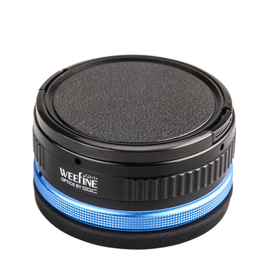 WeeFine WFL13 close-up wet lens with its blue ring, front three-quarter view