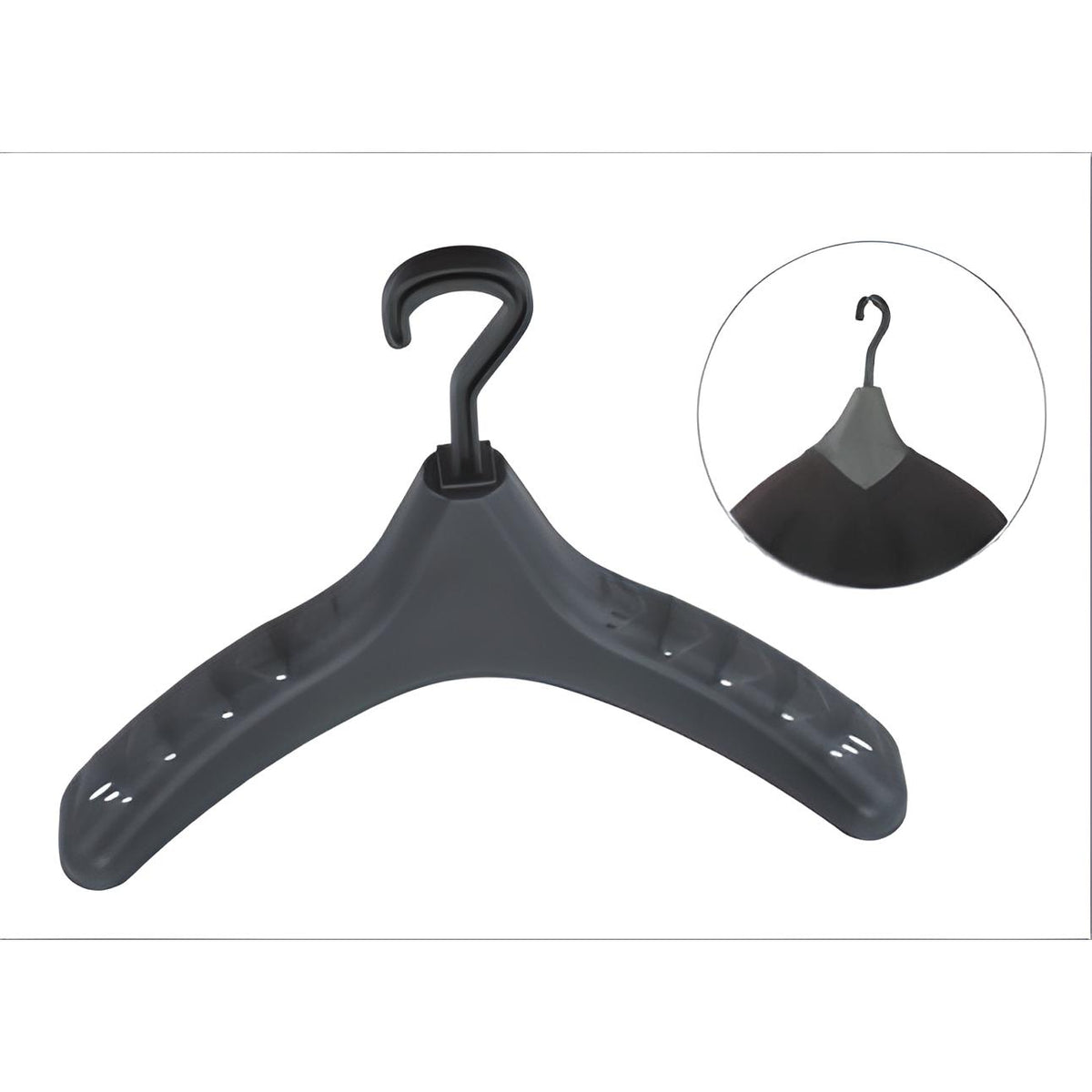 Scubatech broad-shouldered wetsuit and drysuit hanger in dark grey, with inset of a hung suit