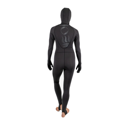 Back of the women's black Fourth Element stinger suit showing the large printed logo