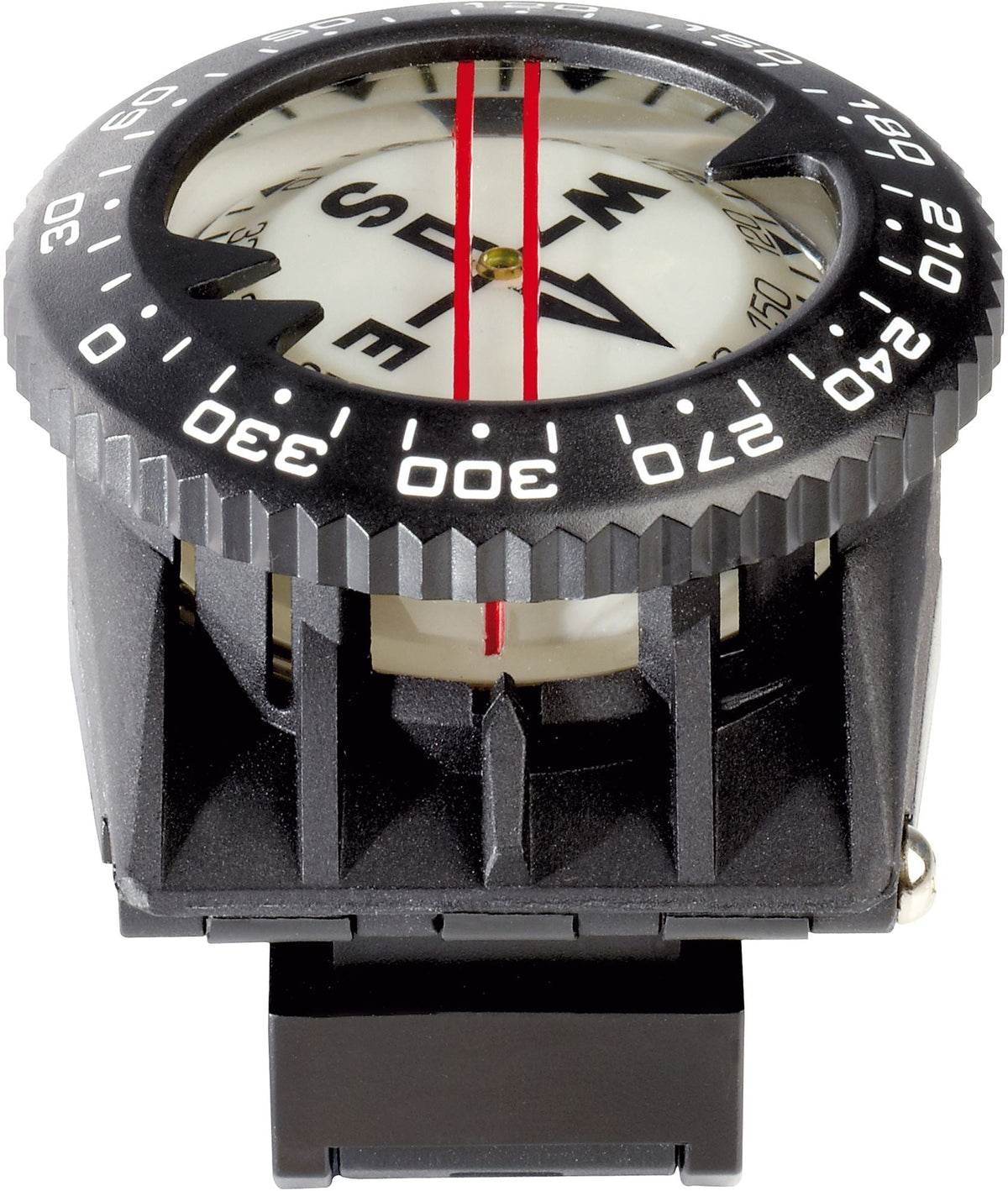 Cressi dive compass mounted on a wrist strap, bezel and lubber line facing up