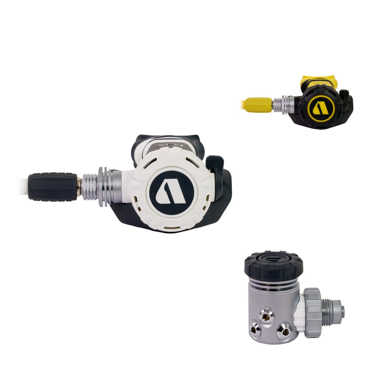 Apeks XL4+ white second stage, yellow XL4+ octopus and XL4+ DIN first stage