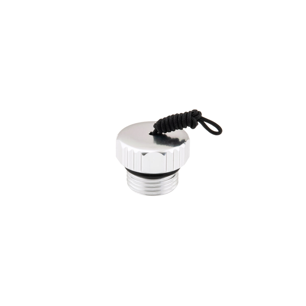 Tecline aluminium G5/8 DIN valve plug with knurled head and black retaining cord