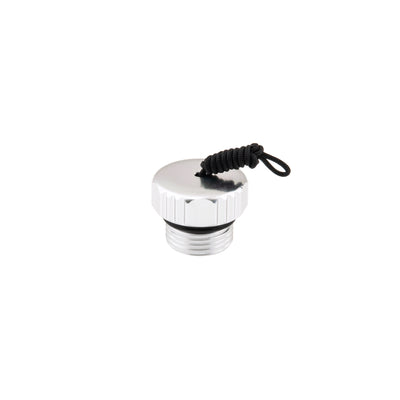 Tecline aluminium G5/8 DIN valve plug with knurled head and black retaining cord