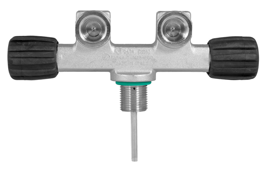 Tecline twin valve with two G5/8 DIN outlets, two black handwheels and dip tube