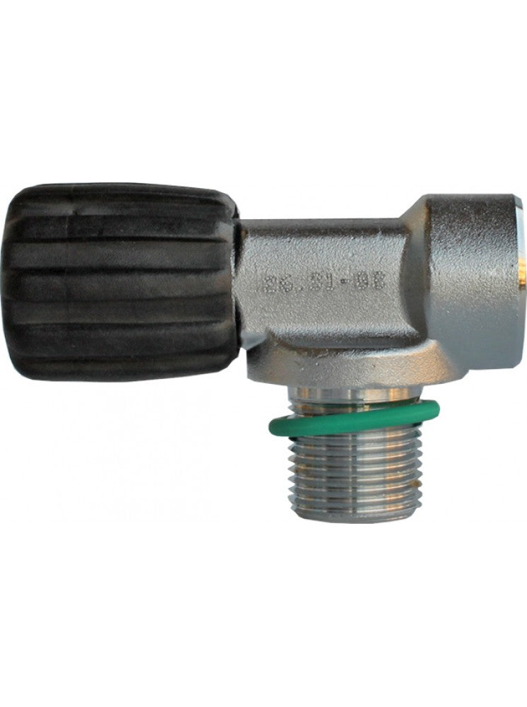Tecline rebreather mono valve M25x2 232 bar, compact body with the outlet in line with the black handwheel