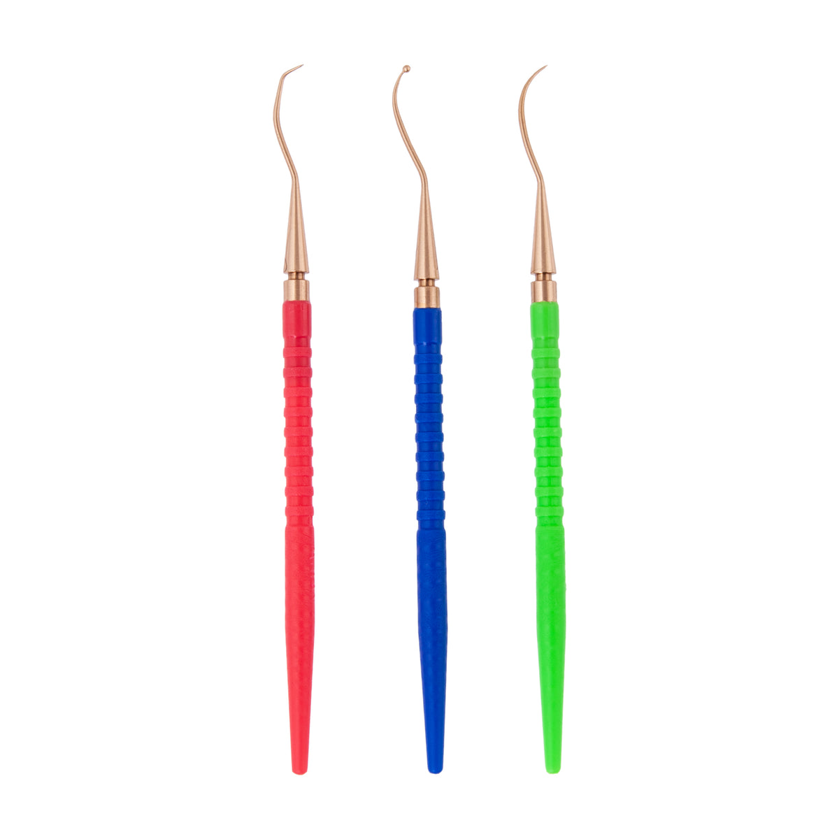 Tecline o-ring pick set: three picks with red, blue and green handles